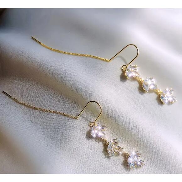 Maple Leaf Cubic Zircon Gold Threader Earrings Elegant Prom Wedding Special - Picture 5 of 5